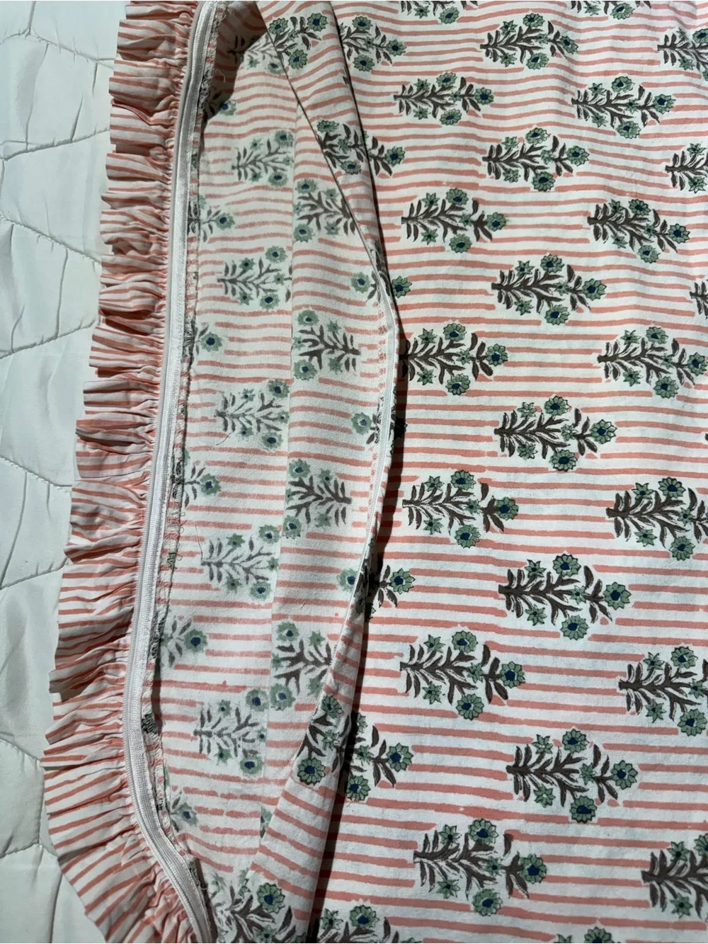 Pillow Cover Block Print Pink Stripe With Ruffle 35 X 14 Uses XL Lumbar Pillow